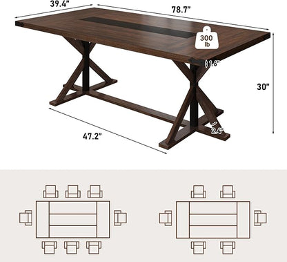 Hlivelood 78 Inch Dining Table for 8 People, Rectangular Kitchen Farmhouse Table W/Thickness Waterproof Wood Tabletop,Long Dining Room Tables W/Wood Strip Base for Kitchen Living Room(78IN Brown)