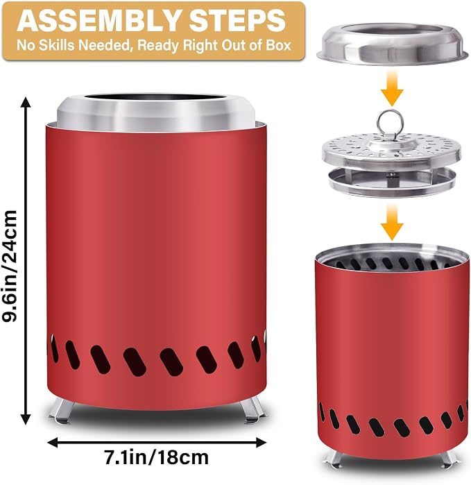 HGD 9.6 x 7.1 in Small Tabletop Fire Pit, Portable Mini Smokeless Table Top Firepit, Low Smoke Camping Stove for Outdoor & Patio, Fueled by Pellets or Wood, with Travel Bag, Stainless Steel, Red