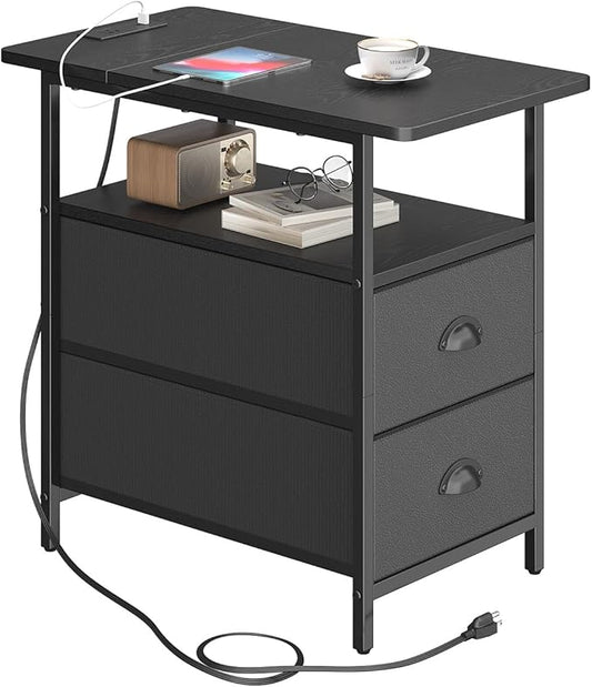 sthmec End Table with Charging Station, Narrow Side Table with 2 Drawers, Nightstands with Drawers, USB Ports & Power Oulets,Slim Sofa Side Tables for Small Spaces,Living Room,Bedroom,Black