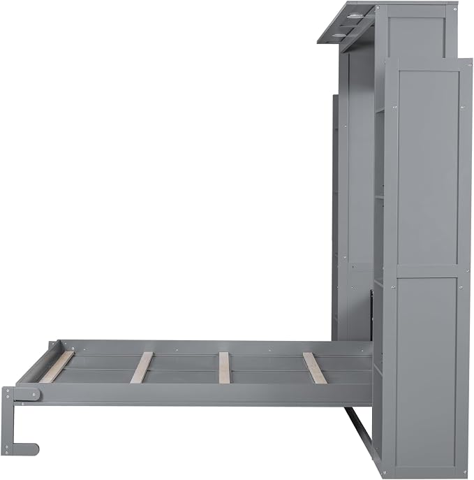 MERITLINE Queen Murphy Bed with Storage and LED Lights, Wood Grey Murphy Wall Bed Cabinet with Shelves Bookcase Bookshelf for Adults (Grey,Queen)