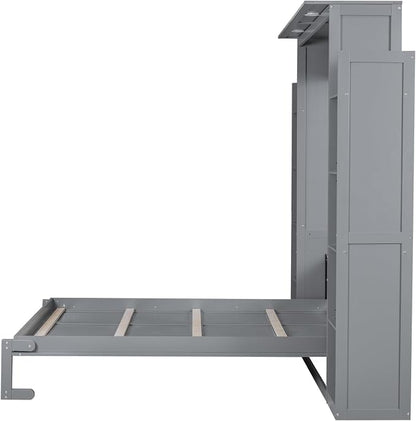 MERITLINE Queen Murphy Bed with Storage and LED Lights, Wood Grey Murphy Wall Bed Cabinet with Shelves Bookcase Bookshelf for Adults (Grey,Queen)