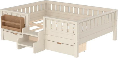 Bellemave Full Size Bed with Slats and Stairs, Full Size Platform Bed Frame with Fence, Bookshelf and Storage Drawers, Easy Assemble Beds for Kids, Girls, Boys, Beige
