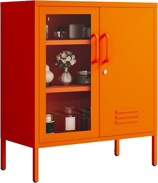 Metal Cabinet Metal Bathroom Storage Cabinet Metal Storage Cabinets with Glass Door and Adjustable Shelves Cabinet Storage for Coffee Bar for Homes, Living Rooms and Offices Orange 33''H