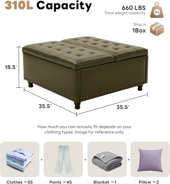 Tbfit Large Square Storage Ottoman Bench, Tufted Upholstered Coffee Table Ottoman with Lift Top & Wooden Legs, Oversized Storage Ottomans Toy Box for Living Room (Green PU)