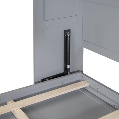 Ball & Cast Queen Size Murphy Bed with Charging Station and Slat Support,Wood Hideaway Cabinet Platform Beds w/Leg & Lock,can be Folded,Space-Saving,for Small Room,Dorms,Gray