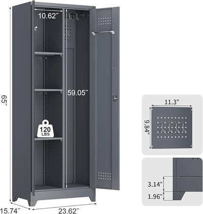 65''H Garage Storage Cabinets, Metal Locking Storage Cabinet with Doors and Shelves, Utility Closet Cabinet with Hanging Rod, Cleaning Storage for Kitchen, Office, Garage