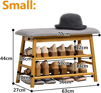 Shoe Rack Storage Bench, Bamboo Shoe Shelf with Cushioned Seat and Organizer Compartment, Upholstered Bench for Closet, Entryway, Hallway, Bedroom,70cm