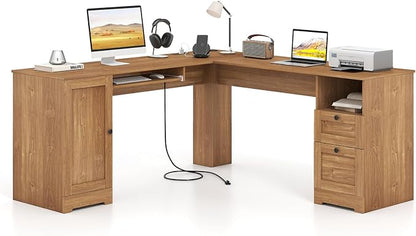 Giantex 66" L-Shaped Desk with Storage Drawers & Charging Station, Spacious Corner Computer Desk with Keyboard Tray, Adjustable Shelf, Cabinet, Huge Workspace Home Office Study Writing Desk (Natural)