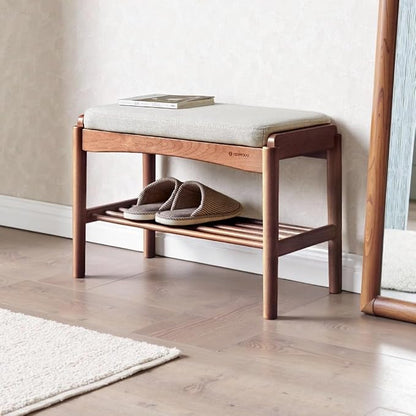 Solid Wood Shoe Bench Assembled, Shoe Rack Bench with Cushion for Entryway, Living Room, Bedroom, Hallway, 11.8" x 23.6" x 16.5", Walnut