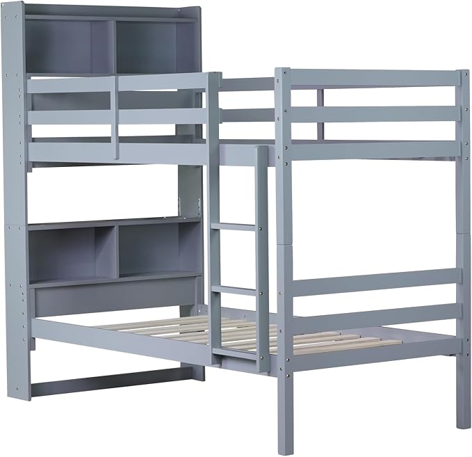 Twin Over Twin Bunk Bed with Storage Bookcase Headboard for Kids Boys Girls Teens, Rubber Wood Bunk Beds Frame with Storage Shelves, Can Be Separated into 2 Platform Beds, Gray
