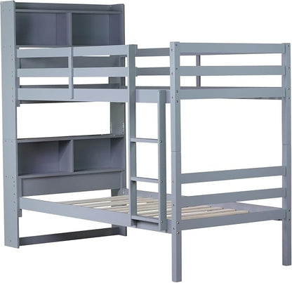 Twin Over Twin Bunk Bed with Storage Bookcase Headboard for Kids Boys Girls Teens, Rubber Wood Bunk Beds Frame with Storage Shelves, Can Be Separated into 2 Platform Beds, Gray
