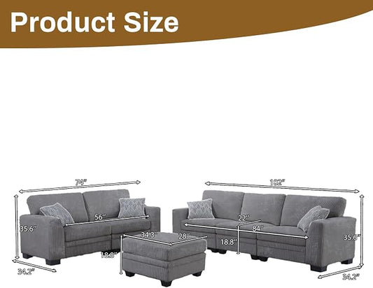 Legend Vansen Oversized Modular Sectional Sofa,6 Seat U Shaped Couch with Ottoman,Corduroy Sofa with Deep Seat,Convertible Large Sectional Couches for Living Room (Grey, L2+3)