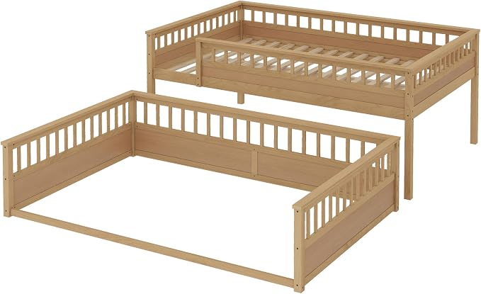 RUNNA Twin XL Over Queen Bunk Bed, Detachable, Ladder, Natural | Twin XL over queen bunk bed, detachable design, ladder, guardrails, solid wood frame, no box spring needed, rustic natural