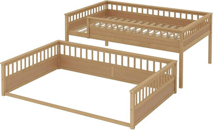 RUNNA Twin XL Over Queen Bunk Bed, Detachable, Ladder, Natural | Twin XL over queen bunk bed, detachable design, ladder, guardrails, solid wood frame, no box spring needed, rustic natural