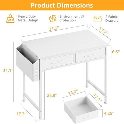 DLisiting 32 Inch Small White Desk with 2 Drawers, Study Writing Computer Desk with Storage Drawer for Bedroom Home Office, Vanity Table Without Mirror for Girls Small Spaces