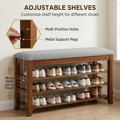Solid Wood Shoe Bench, 47.2'' Shoe Rack for Entryway Storage | 550 lbs Max Load, Flip-Top Soft-Close Lid, Adjustable Shelves, Cushioned Entryway Shoe Rack Organizer, Tool-free Assembly