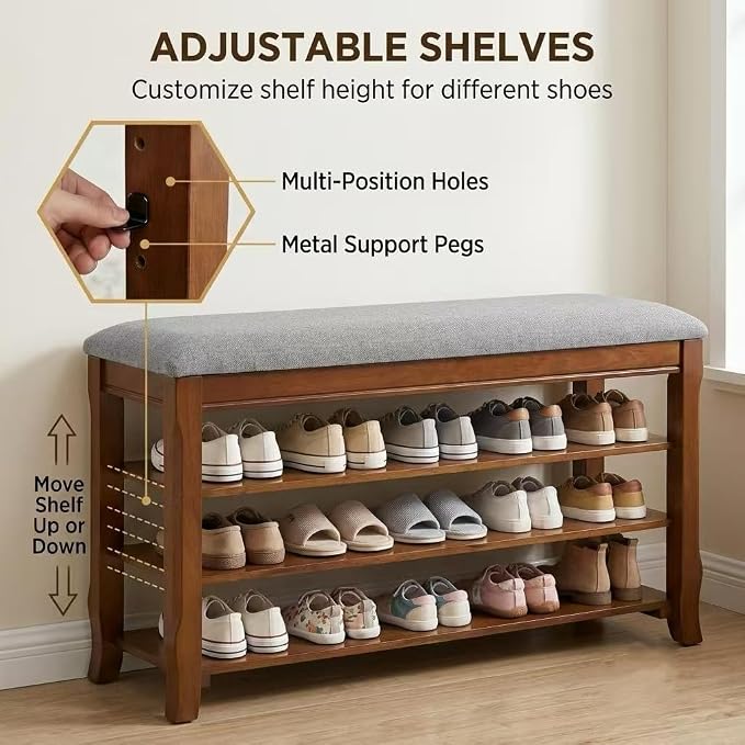 SolidWood Entryway Shoe Storage Bench, Flip-Top Soft-Close Lid, Adjustable Shelves, Cushioned Entryway Shoe Rack Organizer,Hallway, Closet, Foyer 39.4''