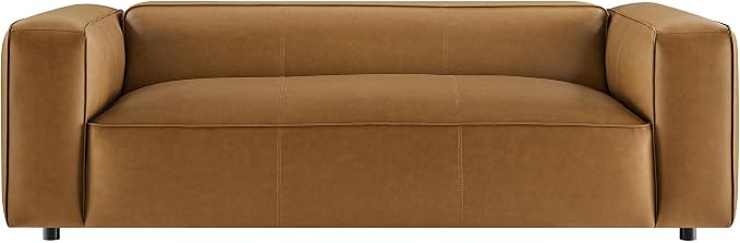 Modway Auren Vegan Leather Sofa in Camel - Faux Leather 3 Seater Couch - 88 Inch Comfy Modern PU Leather Sofa - Oversized Mid Century Modern Couch for Living Room, Apartment, Loft