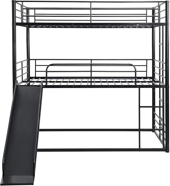 Triple Bunk Bed with Slide, Full Over Full Over Full Metal Bunk Bed with Guardrail and Ladder, Heavy Duty Triple Bed Frame for 3 Teenagers/Adults, No Box Spring Needed,Easy Assembly