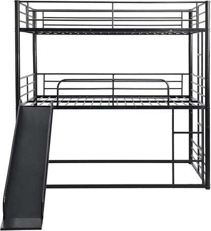 Triple Bunk Bed with Slide, Full Over Full Over Full Metal Bunk Bed with Guardrail and Ladder, Heavy Duty Triple Bed Frame for 3 Teenagers/Adults, No Box Spring Needed,Easy Assembly