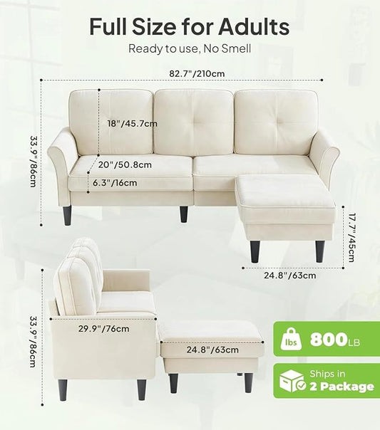 Welzona Sofas for Living Room, 83" Velvet Sectional Couch with Moveable Ottoman, Midcentury Modern Small Sectional Couch, L Shape Sofa & 2 Seater, Couches for Living Room, Apartment, Bedroom