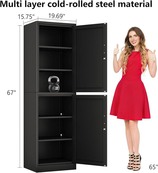 Tall Narrow Slim Metal Storage Cabinet with Lock 2 Doors and Shelves,Steel File Cabinets,Kitchen Pantry Cabinet Locker Organizer - 67" Locker Storage Cabinets for Bathroom,Bedroom,Office,Black