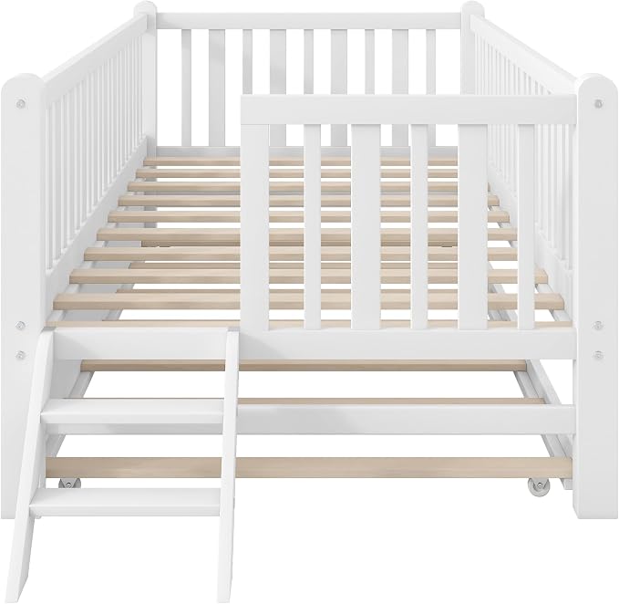 Merax Wood Twin Size Platform Bed with Guardrail and Trundle, Kids Bed Frame with Stairs, White