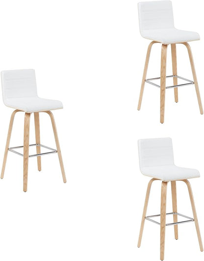 Vienna Modern Swivel Bar Height Stool with White Faux Leather Seat and Patterned Oak Wood Frame Set of 4