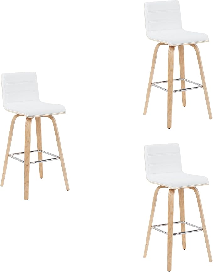 Armen Living Vienna Modern Swivel 30" Bar Height Barstool with White Faux Leather and Patterned Oak Wood Finish