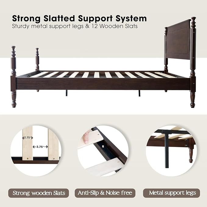 Solid Wood Queen Size Platform Bed Frame with Headboard & Footboard, Center Metal Legs, 12 Heavy-Duty Slats, Noise-Free, No Box Spring Needed, Easy Assembly, Dark Roast Oak Finish, ROQ-32