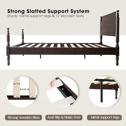Solid Wood Queen Size Platform Bed Frame with Headboard & Footboard, Center Metal Legs, 12 Heavy-Duty Slats, Noise-Free, No Box Spring Needed, Easy Assembly, Dark Roast Oak Finish, ROQ-32