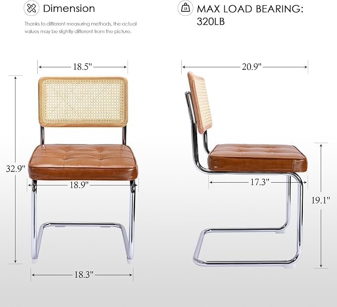 Zesthouse Natural Rattan Dining Chairs Set of 6, Mid Century Modern Dining Room Chairs with Chrome Leg, Faux Leather Kitchen Chair with Solid Wood Back & Cane Mesh, Breuer Cesca Design Inspired, Brown