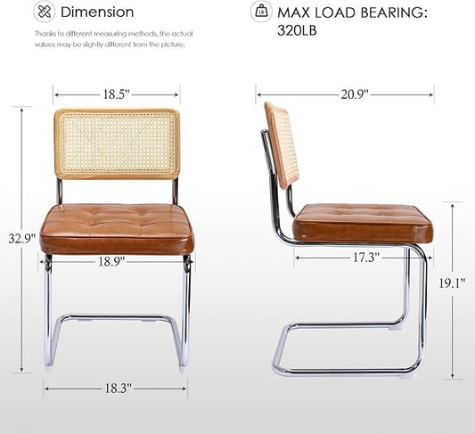 Zesthouse Natural Rattan Dining Chairs Set of 4, Mid Century Modern Dining Room Chairs with Chrome Leg, Faux Leather Kitchen Chair with Solid Wood Back & Cane Mesh, Breuer Cesca Design Inspired, Brown