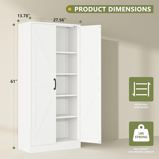 RAVIGIN Farmhouse Storage Cabinet,61" H Metal Pantry Cabinet with Barn Doors and Adjustable Shelves,61" H 4-Tier Rustic Pantry Organizers for Kitchen,Dining Room,White
