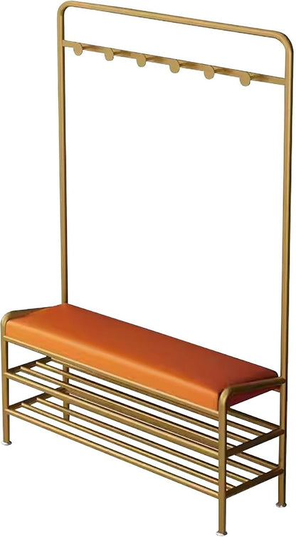 Narrow Hall Tree Storage Bench for Entryway, Coat Rack Shoe Bench Metal, Freestanding Coat Tree with Storage Shelf and Hooks, Entryway Bench with Shoe Storag(Orange-100 x 29 x 173 cm