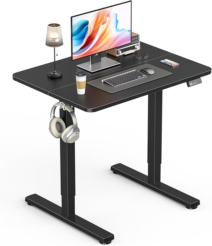 Standing Desk, Height Adjustable Electric Stand up Desk, 31.5 x 24 Inches Sit Stand Home Office Desk with Splice Board, Black Frame/Black Top