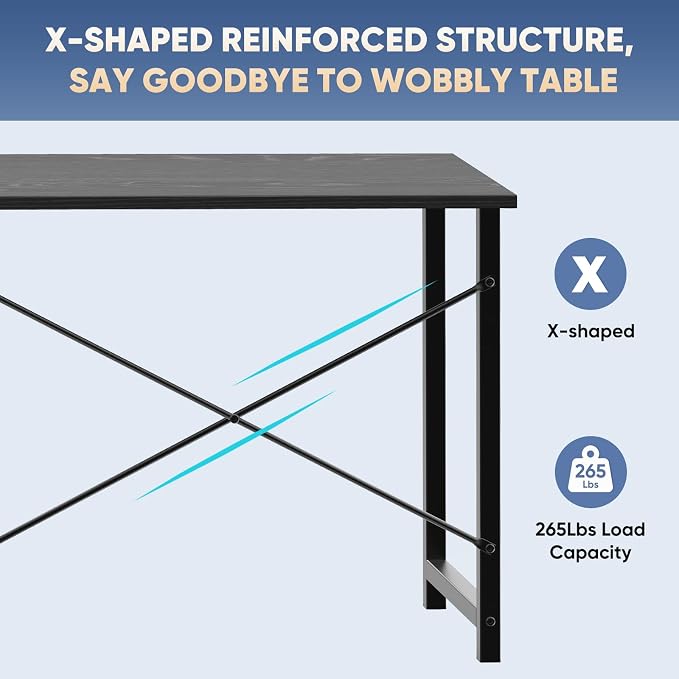 DUMOS 55 Inch Computer Desk for Home Office, Modern Study Work Table Simple Style for Bedroom Small Space, Large Writing Desks with X-Shaped Reinforcement, Black