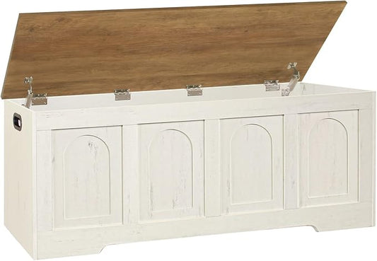 DINZI LVJ Storage Chest, 50” Extra Large Storage Bench with 2 Safety Hinges, Farmhouse Wooden Toy Box with Flip-Top, Large Trunk for Living Room, Playroom, Easy Assembly, Honey Brown and Rustic White