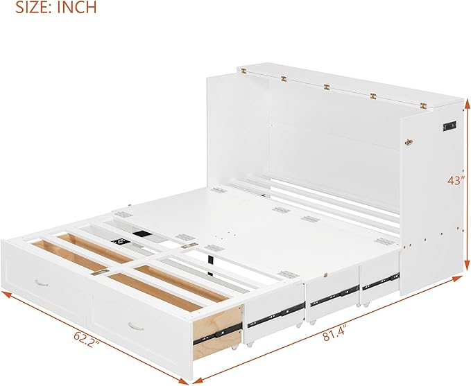 Ball & Cast Wall Bed Queen Size Murphy Beds with Drawer and a Set of Sockets,Multi-Functional Hideaway Cabinet w/USB Ports,Pulley Structure Design,Space Saving for Bedroom,Apartment,Studio,White