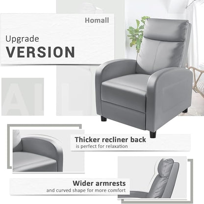 Homall Recliner Chair, Recliner Sofa for Adults, Recliners Home Theater Seating with Lumbar Support, Reclining Sofa Chair for Living Room (Leather, Grey)