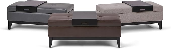 SIMPLIHOME Oregon Storage Ottoman Bench with Tray - 42 inch Wide Upholstered Linen Look Fabric Rectangle Storage Ottoman Bench in Cloud Grey, Transitional Tufted Ottoman for Living Room with Lift Top