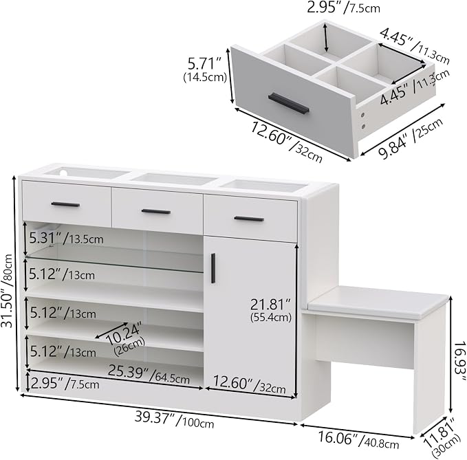 Wardrobe Armoire Closet with Charging & LED Light,Walk-in Closet Island Dresser with Glass Showcase,3 Drawers & Doors, Modern Storage Display Cabinet with Bench for Bedroom,Fitting Room & Shops（White）