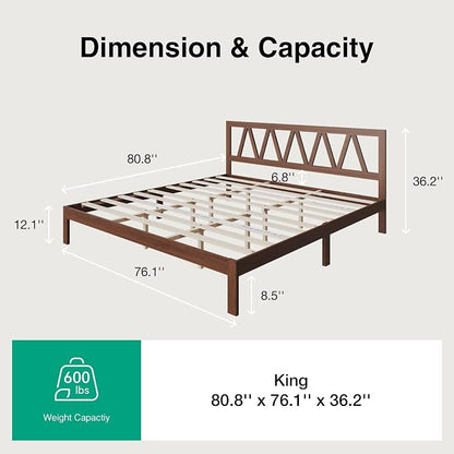 Novilla 12inch King Bed Frame Wooden King Bed Frame and Headboard, Solid Wood King Size Bed Frame with Headboard, No Box Spring Needed, Easy Assembly, Walnut