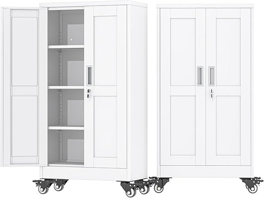 45.6" Metal Garage Storage Cabinet with Wheels and Locking Doors and Tall Rolling Steel Tool Cabinet with 3 Adjustable Shelves for Garage,Home,Office,Shop (White, 45.6''H x 23.7''W x11.8''D)