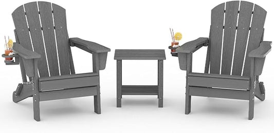 GarveeLife Folding Adirondack Chair Set of 2 with Side Table, All-Weather HDPE Outdoor Chair, Wooden Textured with Cup Holder for patios, Decks, Gardens, fire pits, Grey