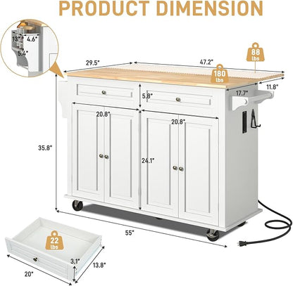 Hlivelood 55" Movable Kitchen Island with Drop Leaf and Power Outlet, Rolling Island Cart w/Storage Cabinet, Island Table on Wheels for Kitchen w/2 Drawers, Spice Rack, Towel Bar, Garage Hook, White