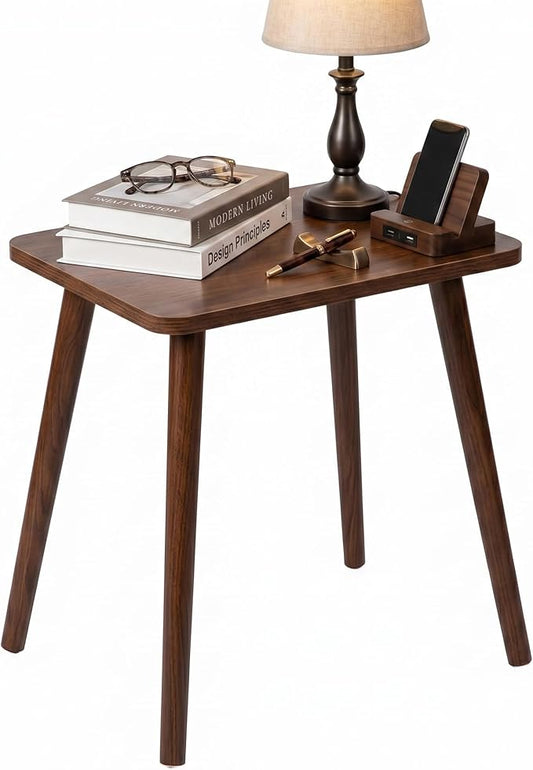 FORAOFUR Small Side Table with Wooden Legs, Short Coffee Table, Brown | Solid wood legs for stability, fits sofa/bedside/small apartments, lightweight, minimalist brown, quick assembly with tools