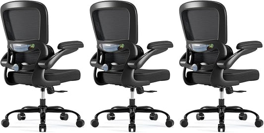 TRALT Ergonomic Office Chair - Desk Chair with Adjustable Headrest Lumbar Support Computer Chair - Mesh Comfy Chair with Flip-up Armrests - Gaming Chair for Adults Home Office PU, Black, Pack of 3