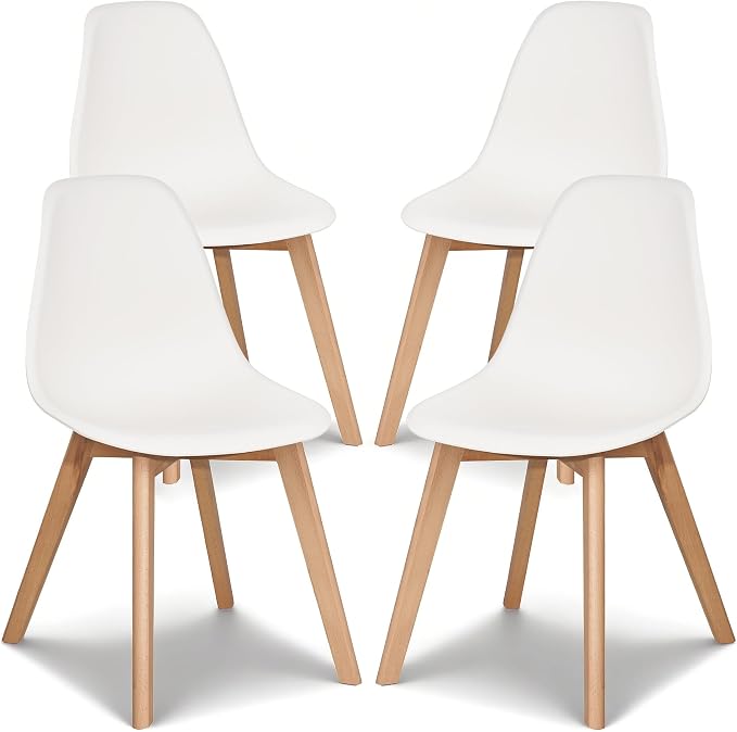 VECELO Dining Chairs Set of 4, Mid-Century Modern Kitchen & Dining Room Chairs, Molded Plastic Seat & Back, Solid Wood Legs, Armless, Non-Slip Feet, White
