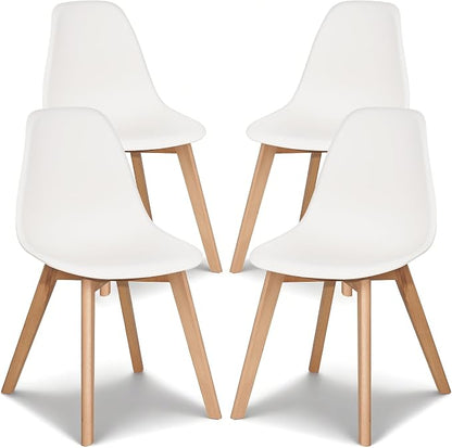 VECELO Dining Chairs Set of 4, Mid-Century Modern Kitchen & Dining Room Chairs, Molded Plastic Seat & Back, Solid Wood Legs, Armless, Non-Slip Feet, White